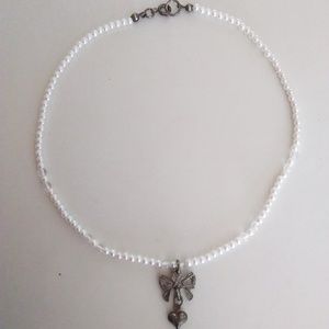 Child's Pearl & Clear Bead PewterBow/Heart Necklac